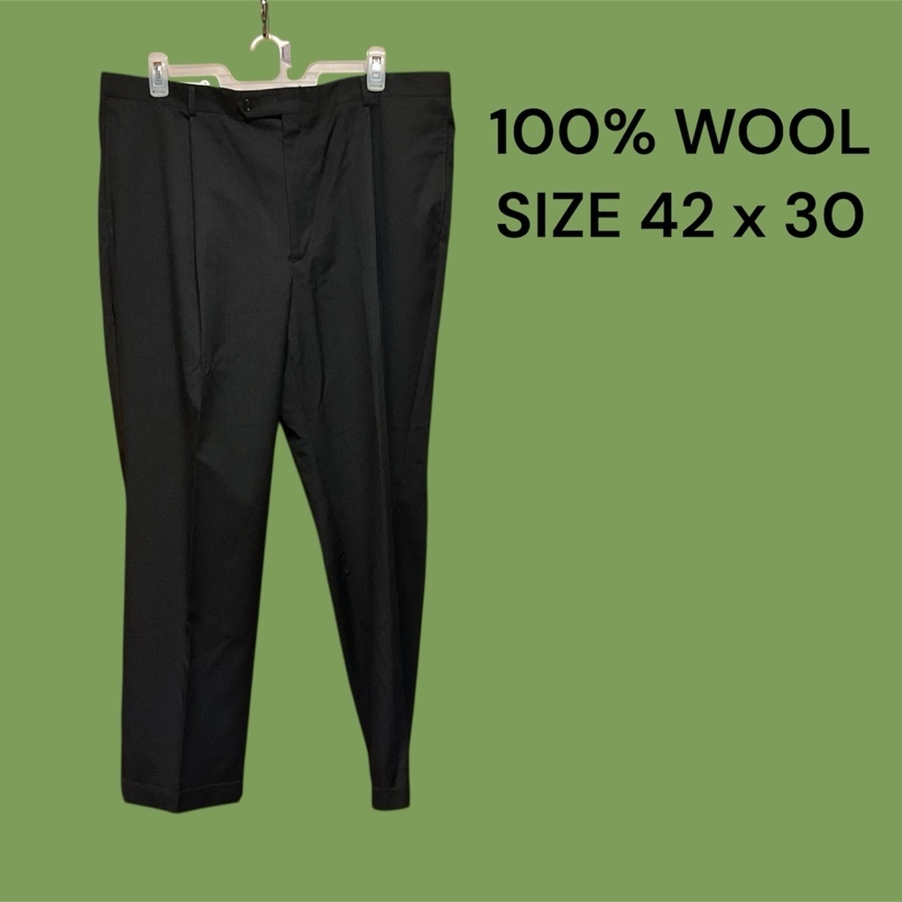 MENS SUIT PANTS 100% WOOL BLACK DRESS PANTS SIZE 42” x 30” GENTLY WORN